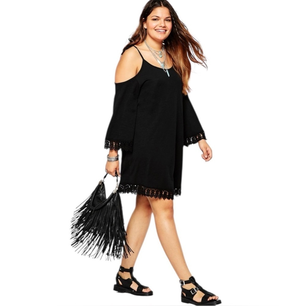 ASOS Casual black cold-shoulder ties trendy fun cover-up dress with crochet trim